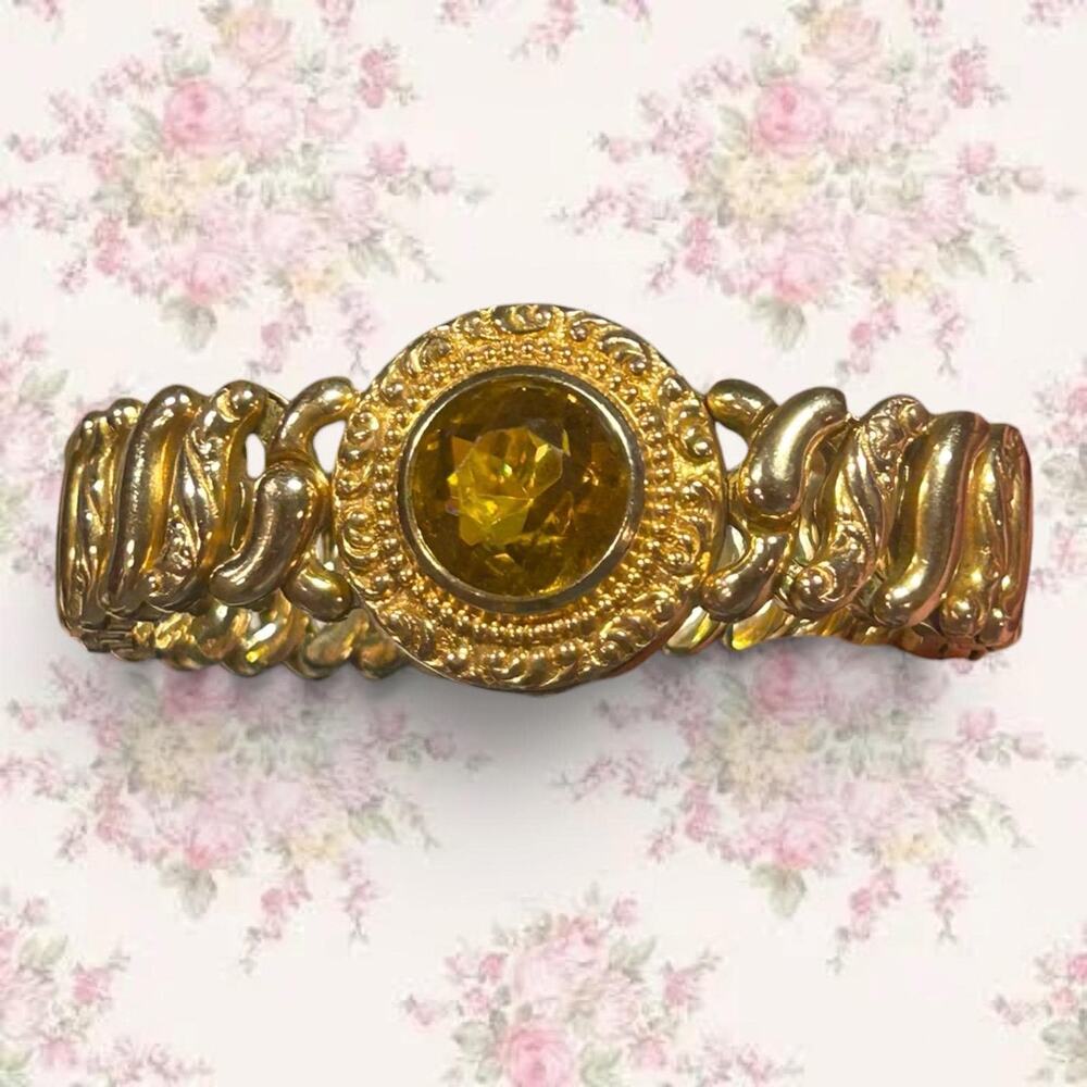 Pittman & Keeler Sweetheart Expansion Bracelet Amber Rhinestone  Vintage 1940s